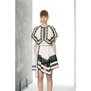 SELF-PORTRAIT Monochrome Striped Crepe Handkerchief Mini Dress White Lace US 6